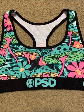 PSD Floral Mushroom Racerback Sports Bra Swim Top in Teal, Pink, Green Small